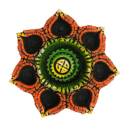 Terracotta Earthen Clay Handcrafted 7 Diwali Diya Puja Thali, Decorative Tray for Home Decoration (Diameter : 8 Inches, Multicolour)