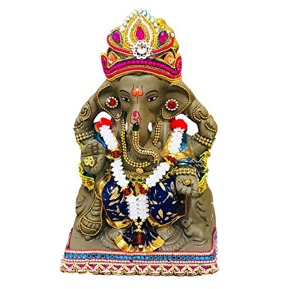 Eco Friendly Ganesh murti mitti Idol 9 inches Bejeweled Biodegradable Ganesh Murti Mitti Lalbagh Ganpati Statue for Ganpati Visarjan Mati Ganesh Religious God Water Soluble Clay Idol
