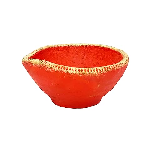  Handmade Terracotta Earthen Clay Decorative Big Size Diwali Diya, Puja Lamp for Home Decoration (Color : Red Golden) (Size : 5 Inches.)