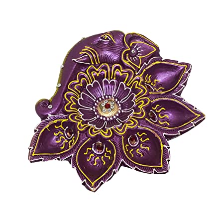 Handcrafted Terracotta/Earthen Clay Decorative Elephant 5 Diya Thali Diwali Diya Puja Thali/Decorative Tray (Size: 8.5x8 Inches, Purple)