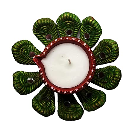 Handcrafted Bright Color Hand Painted Terracotta/Earthen Clay Decorative Diya Wax Filled Diwali Diya/Candle/Tealight Holder(Size : 5x2 Inches.)