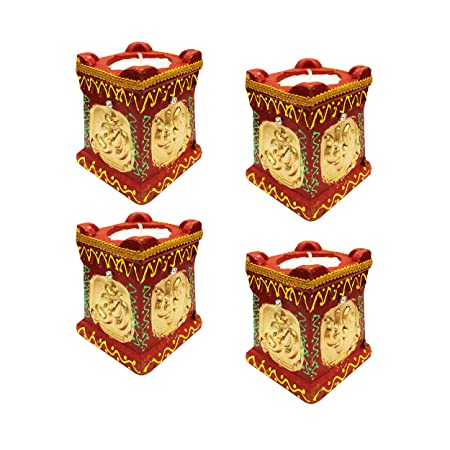 Tulsi Kyara Wax Diya of Terracotta/Earthenware Clay for Diwali, Puja, Festival Decoration & Home Decoration (Pack of 4, Bright Red)