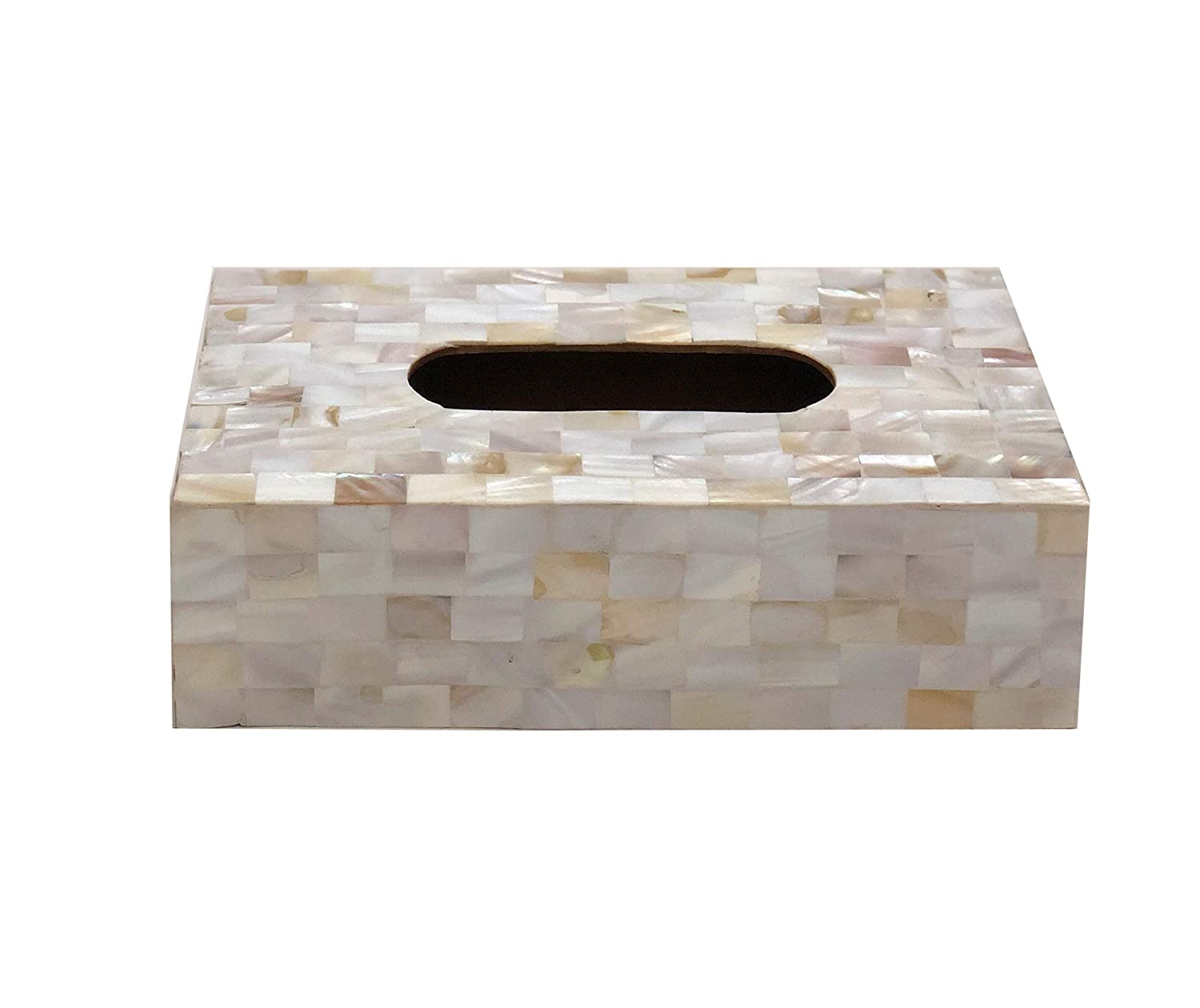 Handcrafted Mother of Pearl Wooden Tissue Box Holder for Home and car, Tissue Dispenser for Bathroom, Tissue Box Holder for Dining Table, Housewarming Gift Ideas - Light Cream Shade 
