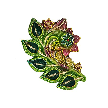 Handcrafted Terracotta/Earthen Clay Decorative 5 Diya Thali Diwali Diya Puja Thali/Decorative Tray (Size: 8.5x6 Inches, Green Gold)
