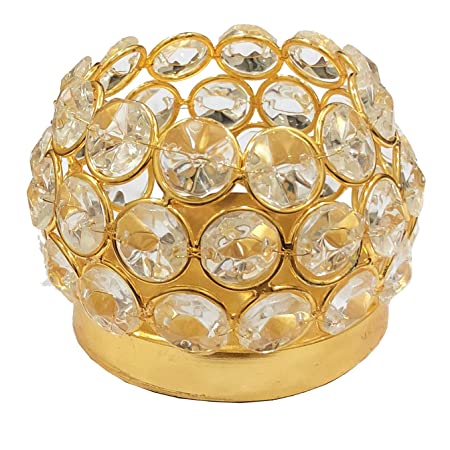 Handcrafted Golden Clear Crystal Tea Light Candle Holder Diwali/Chirstmas Home Decoration Gift Item/Home Decor Item (Dia : 9 Cms,Height : 6 Cms.)