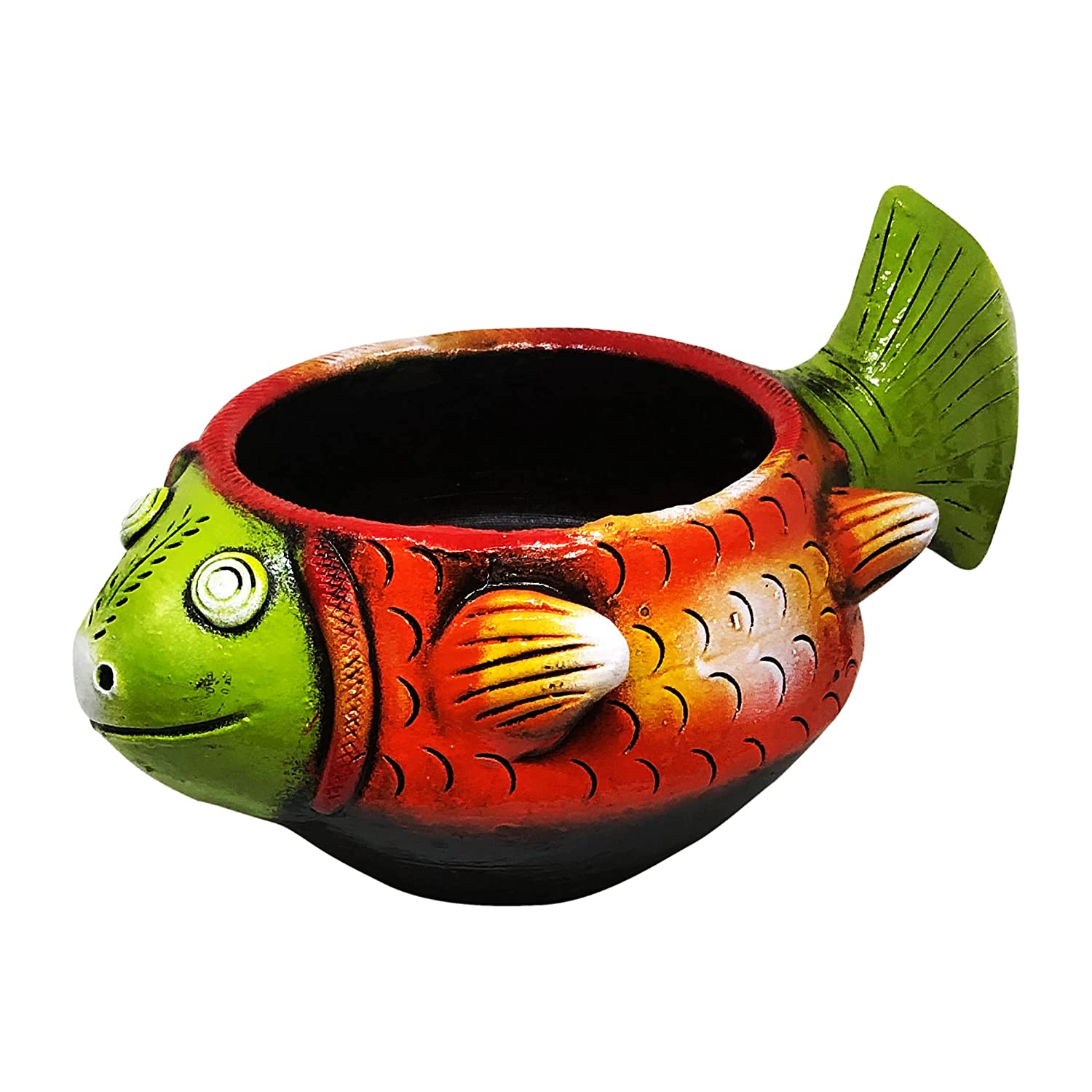 Handmade Earthenware Clay Fish Shaped Terracotta Garden Decorative Planter, Flower Terracotta Pot, Gamla for Garden (Multicolor, Size(LxWxH) : 30 Cms.x22 Cms,x14 Cms,) 
