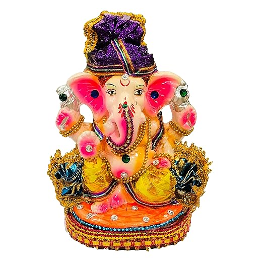 7 Inches. Bejeweled Eco Friendly Handcrafted Clay Mud Ganpati Murti Biodegradable Kacchi Mitti Ganesha Water Soluble Ganesh Idol for Ganpati Visarjan (Color : Multi)