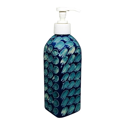 Handcrafted Ceramic handwash Liquid soap Dispenser/Shampoo Dispenser/Gel Dispenser for Bathroom, Kitchen (Blue, Height: 7.5 Inches.)