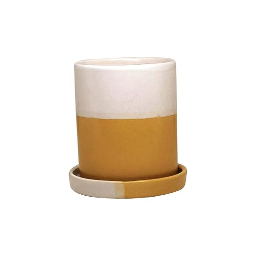  2 Shade Ceramic Pots Planters with Saucers/Plate for Indoor Plants,Home Decor,Garden Decor, Decorative Succulents Pot (Color: Yellow, White)(L:10 cm, W:10 cm, H:10 cm)