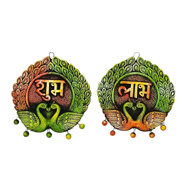 Handcrafted Terracotta Earthen Clay Peacock Shubh Labh Wall Hanging, Door Hanging for Home Decor,Garden Decor,Office Decor (Color: Multi, Size : 6.5 Inches.)