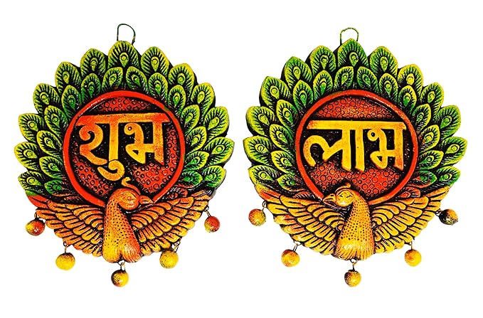  Terracotta Earthenclay Handcrafted Peacoch Decorative Shubh Labh Wall Hanging for Home Decoration, Door Hanging (Size : 6 Inches.)