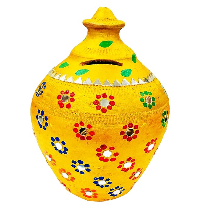  Handcraft Terracotta Money Bank, Coin Holder, Piggy Bank, Mitti Ki Gullak, Coin Box, Money Box - Gift Items for Kids and Adults (Golden) (Medium Big Golden (Height : 10 Inches.))