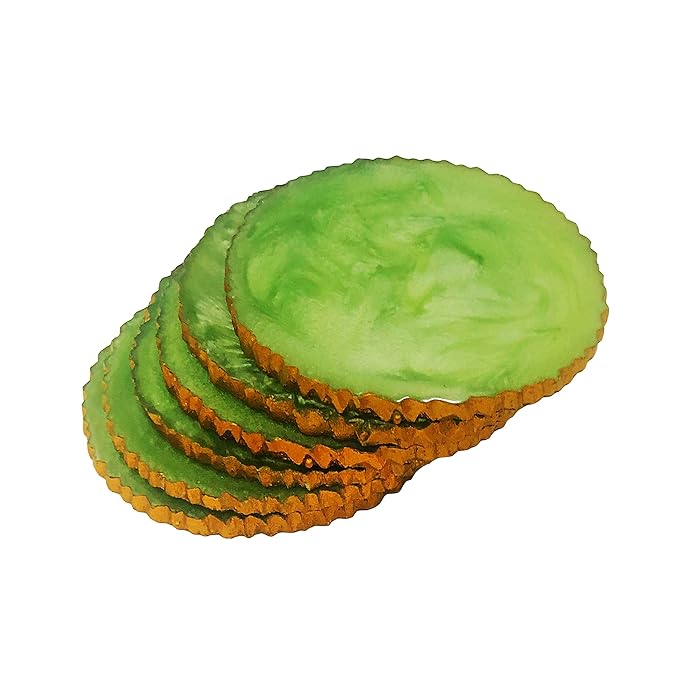  Premium Handmade Oval Gold Resin Coaster Set, Tea Coasters, Chai Coasters, Coffee Coasters (Set of 6, Size : 4.5 Inches.) (Green)
