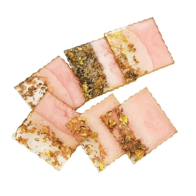 Premium Handmade Square Gold Silver Flakes Resin Coaster Set, Tea Coasters, Chai Coasters, Square Coffee Coasters (Set of 6, Size : 3.7 Inches.) (Pink - Gold Flakes)