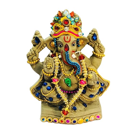  Eco Friendly Biodegradable Ganesha Idol, Bejeweled Mitti Ganpati Statue for Visarjan at Home, Water Soluble Clay Idol (Size : 4.5 Inches. Small) (Multicolor - D1)