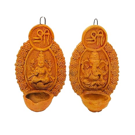  Terracotta Earthenclay Handcrafted Shubh Labh Wall Hanging Diya,Decorative Diwali Clay Diya for Home Decoration (Size : 6.5 Inches.) (Natural)